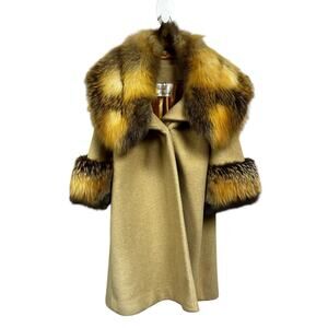Vintage Lilli Ann Tan Wool Coat with Fox Fur Collar & Cuffs Womens Large / XL